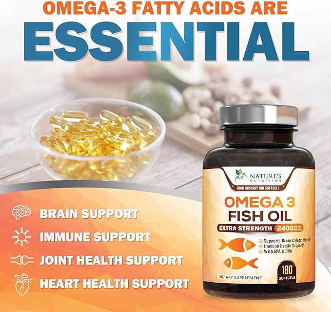 Omega 3 Fish Oil Supplements - 2400mg Fish Oil Per Serving - Triple Strength Omega-3 with EPA &amp DHA Fatty Acids - Natural Heart Brain &amp Immune Support - Wild Caught Bottled in USA - 180 Soft
