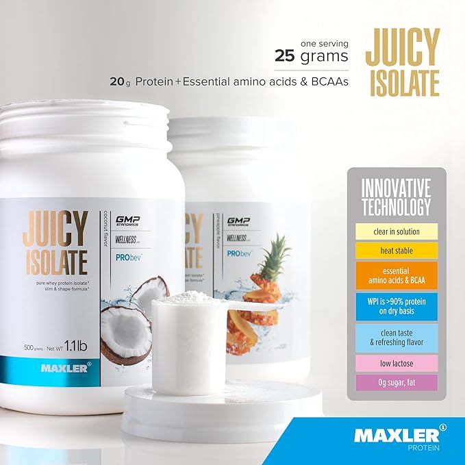 Maxler Juicy Isolate Protein Powder - Clear Whey Isolate - Low Lactose Fat Free Sugar Free Muscle Recovery Drink for Pre &amp Post Workout - Orange 1.1 lb (20 Servings)