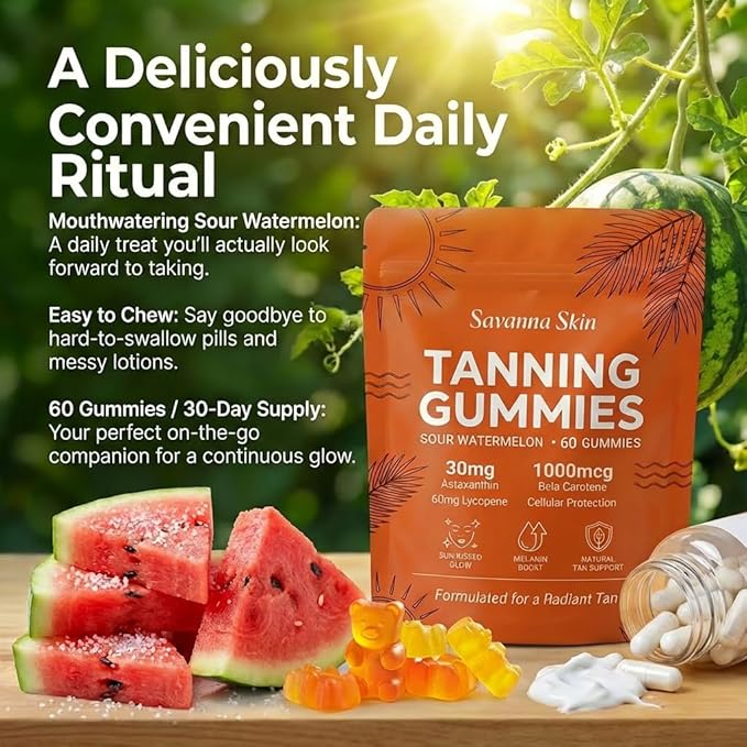 Savanna Skin Sunless Tanning Gummies for Natural Bronze Glow - with Beta Carotene Vitamin C &amp E - Vegan &amp Sugar-Free Skin Hydration Supplement - 60 Count