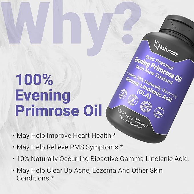 Naturalis Evening Primrose Oil (1300mg) | Natural from New Zealand | Non-GMO Soy &amp Gluten Free Zero Filler | 120 Softgels