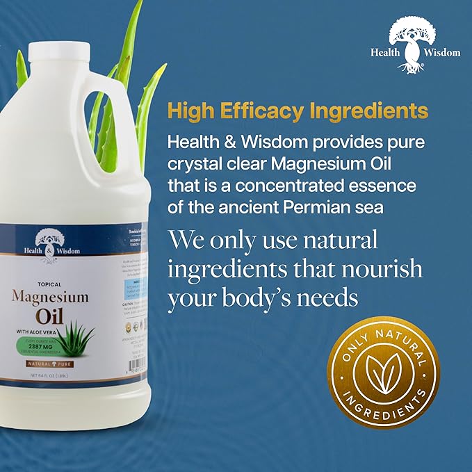 Health &amp Wisdom Pure Magnesium Oil with Aloe Vera - Topical Muscle &amp Joint Relief- Natural and Pure USP Grade Extra Strength Magnesium - Enhanced Absorption - 64 fl oz