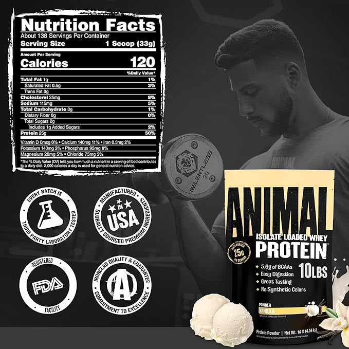 Animal Whey Isolate Protein Powder - Loaded for Pre &amp Post Workout Muscle Builder and Recovery with Digestive Enzymes for Men &amp Women - 25g Protein Great Taste Low Sugar - Vanilla 10 lbs