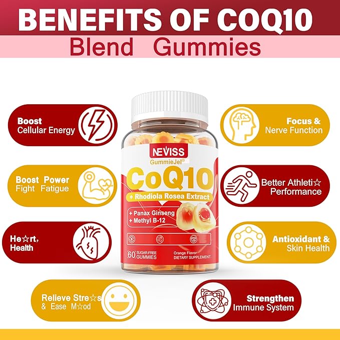 Sugar Free CoQ10 Gummies 200mg/400mg w/ Methyl B12 1000mcg B6 Rhodiola Rosea &amp Panax Ginseng Ultra Absorption CoQ10 Supplement for Energy Hear-t Health Antioxidant &amp Brain Support60-Day