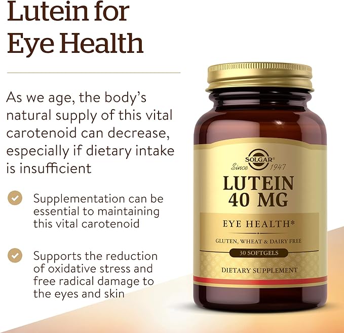 Solgar Lutein 40 mg 30 Softgels - Supports Eye Health - Helps Filter Out Blue-Light - Contains FloraGLO Lutein - Gluten-Free Dairy Free - 30 Servings