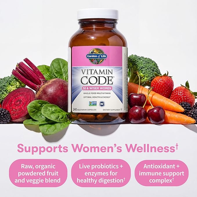 Garden of Life Vitamin Code Multivitamin for Women 50 &amp Over B Vitamins A C D3 E &amp K CoQ10 Probiotics &amp Enzymes for Women 50 Plus 240 Capsules