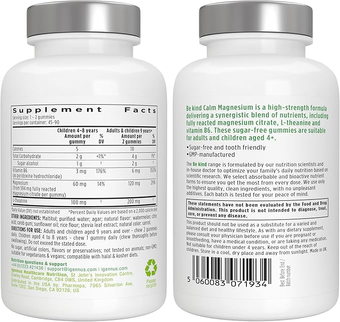 Igennus High Potency Calm Magnesium Gummies 60mg L-Theanine 100mg &amp Vitamin B6 3mg Daily Stress Support for Kids &amp Adults Clean Ingredients &amp Vegan Sugar-Free Watermelon Flavor 45-90