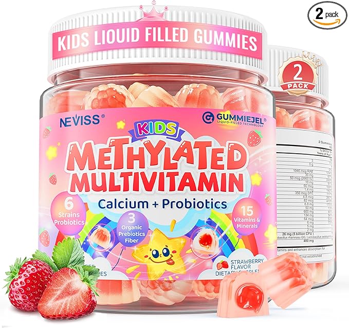 Kids Multivitamin Gummies + Calcium Probiotics Vitamin D3 C Methylated B12 &amp Methylfolate B6 A K2 E Zinc Prebiotics for Children Ages 4+ Clean &amp Sugar Free for Nutritional Support