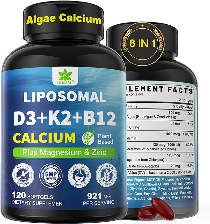 6-in-1 Plant Based Calcium Supplements for Women Men- Calcium 600mg w/ D3 K2 5000 IU Vitamin Liposomal &amp Algae Ca-lcium Magnesium Zinc + Vegan Vitamin D 5000 IU + K2 MK7 + Methyl B12 for Bone 1