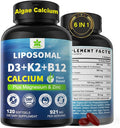 6-in-1 Plant Based Calcium Supplements for Women Men- Calcium 600mg w/ D3 K2 5000 IU Vitamin Liposomal &amp Algae Ca-lcium Magnesium Zinc + Vegan Vitamin D 5000 IU + K2 MK7 + Methyl B12 for Bone 1