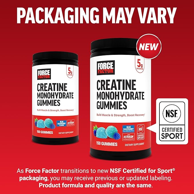Force Factor Creatine Monohydrate Gummies NSF Certified 5g Dose for Men &amp Women to Support Muscle Strength Recovery Cognitive Health &amp Memory Packaging May Vary Blue Raspberry 150 Gumm