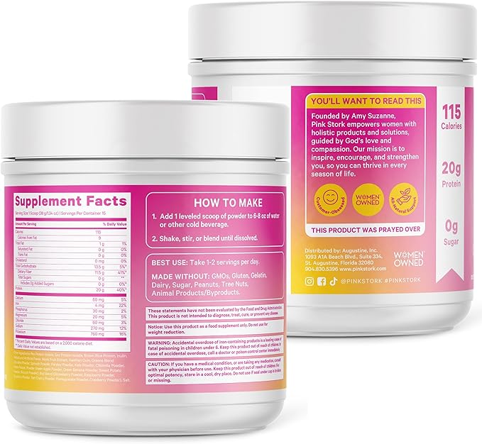 Pink Stork Protein Powder for Women 20g Plant Based Protein Powder with Fiber + Superfoods Gluten Free Dairy Free Sugar Free Pregnancy Friendly Vanilla Protein Shake - 15 Scoops