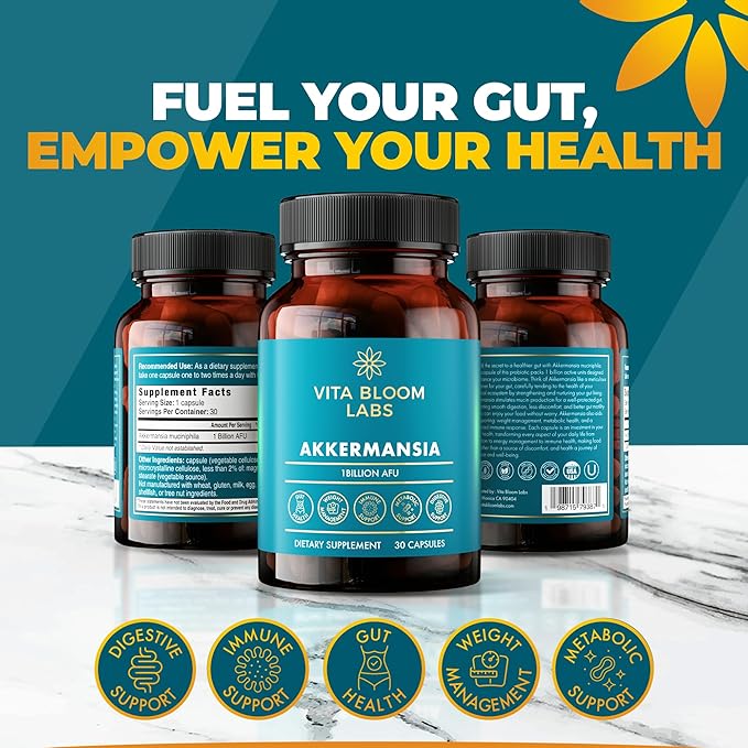 Akkermansia Probiotic Supplement - Promotes Digestive Comfort Gut Lining &amp Microbiome Support - GLP-1 &amp Metabolic Wellness - Active Strain 1 Billion AFUs - 30 Capsules