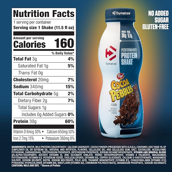 Dymatize Performance Protein Shake Cocoa Pebbles 30g Protein 6.1g BCAA for Muscle Recovery No Sugar Low Fat 24 Vitamins &amp Minerals Gluten-Free Ready to Drink Snack11.5fl oz(Pack of 24)