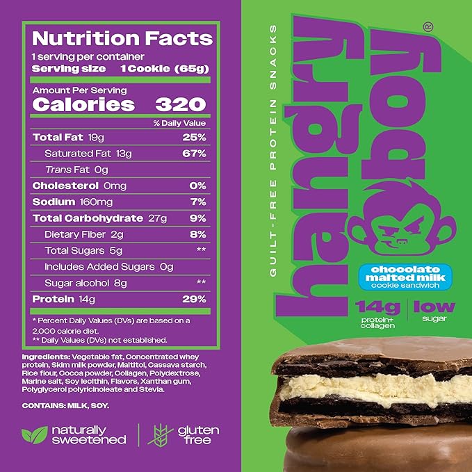 Hangryboy Protein Cookie Sandwich – 14g High Protein Gluten‑Free GMO‑Free Cookies - Perfect on The Go Protein Snack Chocolate Malted Milk 12‑Count Box