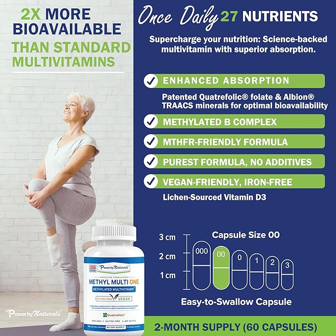 Power By Naturals Methyl Multi One – Iron-Free Methylated Multivitamin for Men &amp Women with B12 Methylcobalamin P5P Folate (5-MTHF) CoQ10 &amp Zinc for Energy &amp MTHFR Support 60 Capsules