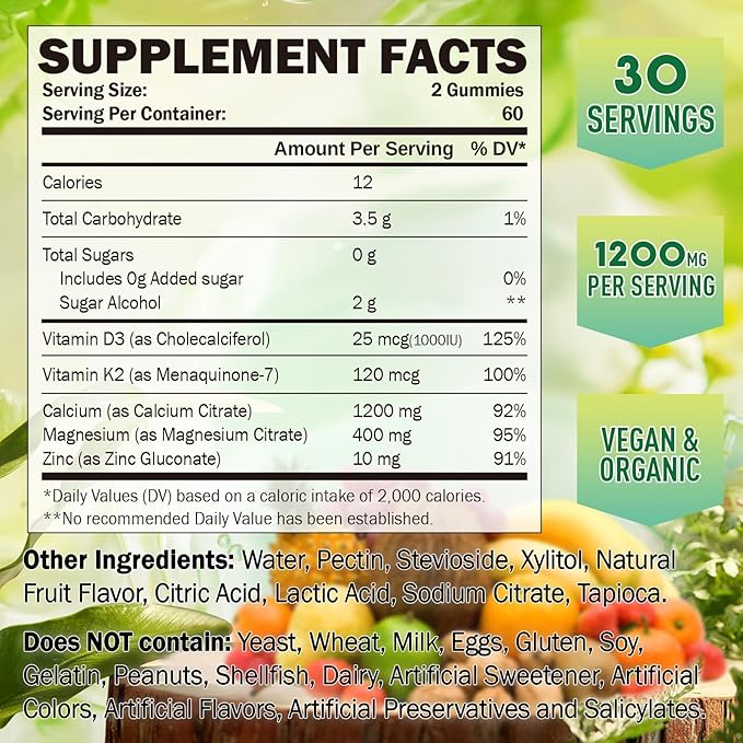 Calcium Citrate Gummies 1200 mg for Kids &amp Adults Sugar Free with Vitamin D3 K2 Magnesium Zinc Bone Support for Women &amp Elders Natural Pineapple Flavor 120 Gummies