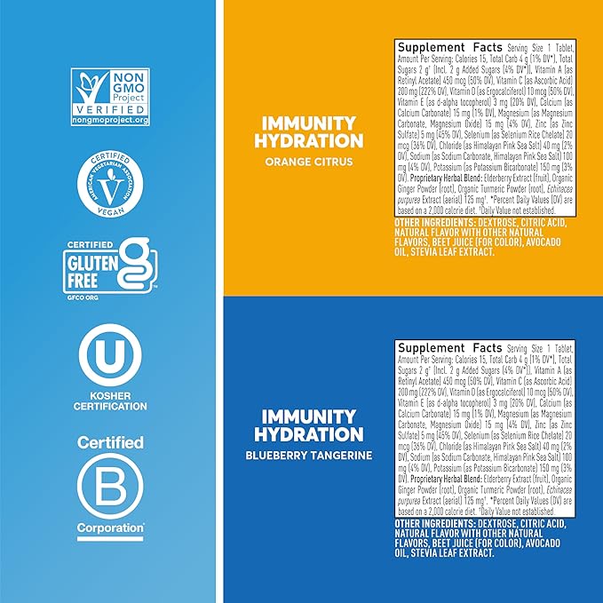 Nuun Immunity Electrolyte Tablets with Vitamin D C E &amp A Ginger Elderberry Magnesium &amp 4 Other Essential Electrolytes Vegan Blueberry Tangerine &amp Orange Citrus 4 Pack (40 Servings