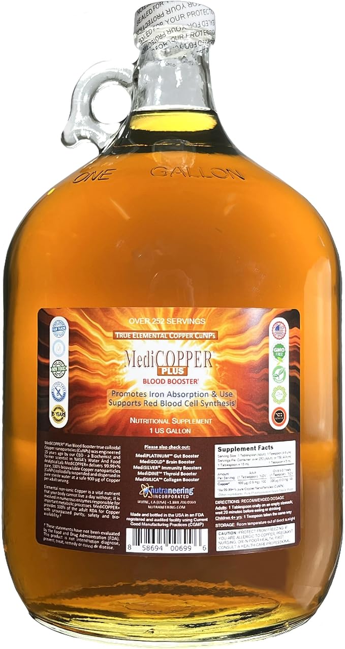 MediCOPPER® Plus Blood Booster True Colloidal Copper CuNP Nutritional Supplement - 1 US Gallon in Clear Glass Jug