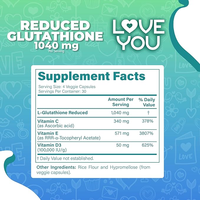 Love You Reduced Glutathione 98% Purity 1040 mg + Vitamin C E &amp D3 1804 mg Total per Serving - Intracellular Antioxidant - Supports Detoxification &amp Immune Function - 120 Veggie Caps 30 Serv