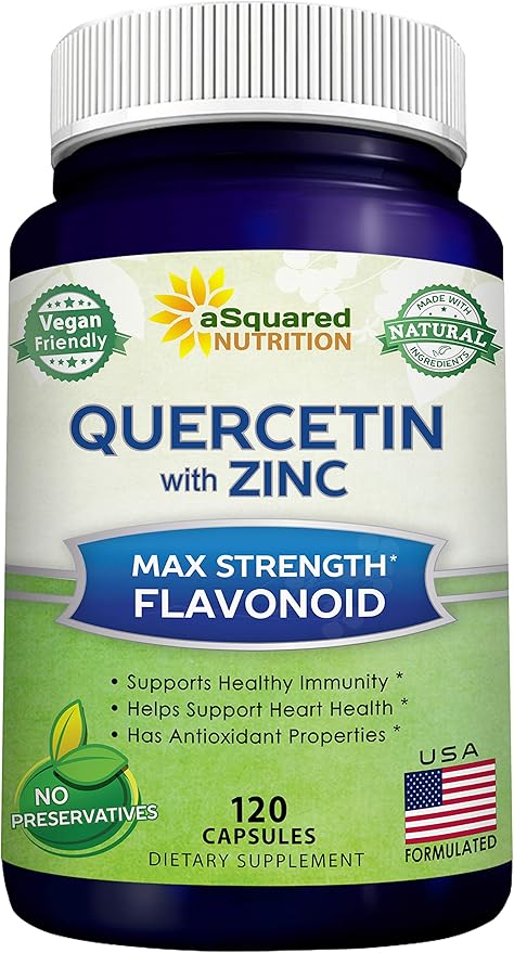 aSquared Nutrition Quercetin 1000mg with Zinc Supplement - 120 Capsules - Quercetin Dihydrate with Black Elderberry &amp Zinc - Max Strength Powder Complex Pills to Help Improve Immune Response