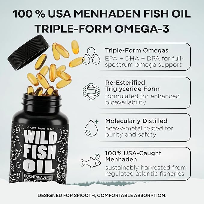 Wild Foods Omega 3 Fish Oil Supplement 120 Capsules (1 pk) | Wild Caught Burpless Odorless Non-GMO Gluten Free | DPA DHA EPA Triple Strength Heart &amp Joint Nutrition for Women &amp Men