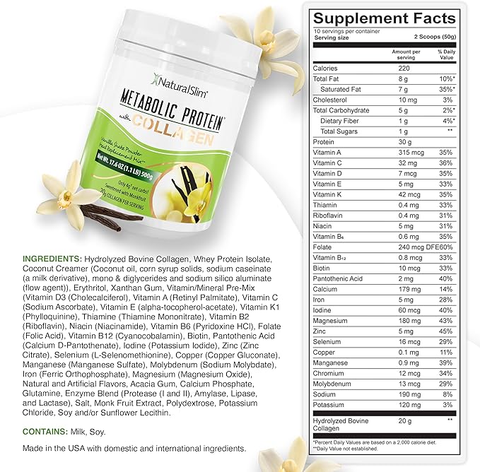 NaturalSlim Metabolic Protein Powder with Collagen whey protein powder shake Hydrolyzed Collagen with L-Glutamine for Metabolic Support Digestion Skin Joints &amp Muscle Low Carb 17.06 oz Vanil
