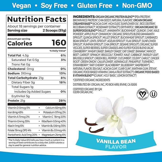 Orgain Organic Plant Based Protein Powder Bundle - Unsweetened Vanilla Bean and Superfoods (2 Products)