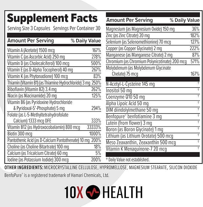 10X Health Optimize Methylated Multivitamin for Men - 90 Capsules 34 in 1 Formula with 800 mcg of Vitamin B12 5-MTHF NAC - Methyl B Complex