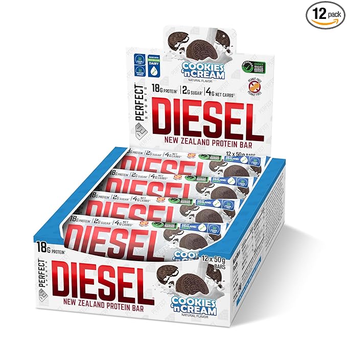 PERFECT SPORTS Diesel New Zealand Whey Protein Bars | Stevia Sweetened No Artificial Flavors | Low Sugar 18g Protein | 12 Pack (Cookies n' Cream)