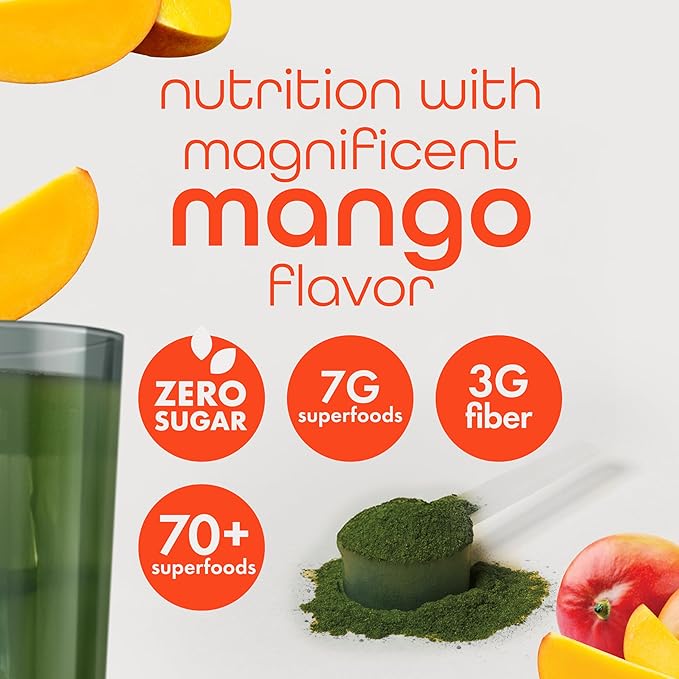 Zena Nutrition Organic Super Greens Powder 70+ Superfoods 0 Sugar 3G Fiber Spirulina Chlorella Mushrooms Prebiotics/Probiotics Digestive Enzymes for Gut Health Mango 30 Servings