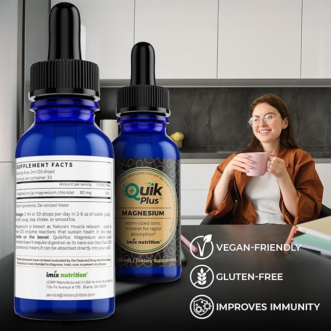 QuikPlus Liquid Mineral Supplement for Adults – Vegan Gluten-Free All Natural Highly Bioavailable – 2 oz Bottle (Magnesium)