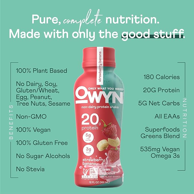 OWYN Only What You Need Strawberry Banana Flavored Protein Shake 20g Protein 4g Sugar 3g Fiber Dairy Free Plant Based Protein Drink 12 Count