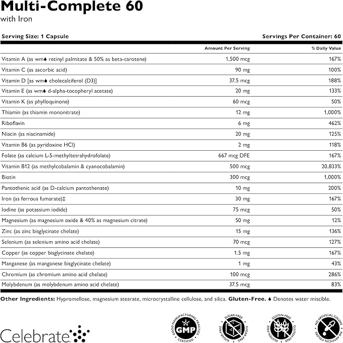 Celebrate Vitamins Multi-Complete 60mg Iron – Daily Bariatric Multivitamin for Sleeve Gastrectomy and Gastric Bypass Surgery Patients – Essential Vitamins &amp Minerals (60 Capsules)