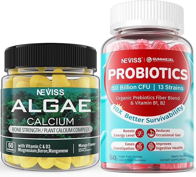 NEVISS Algae Calcium Gummies 600mg + Sugar Free Probiotics Gummies