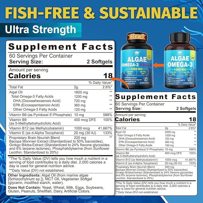 Vegan Omega 3 Supplement 240cts Omega3 Fatty Acids Softgels Fish Oil Alternative Plant-Based DHA EPA Algae Oil Omega-3 Supplement No Fish TasteNon GMO