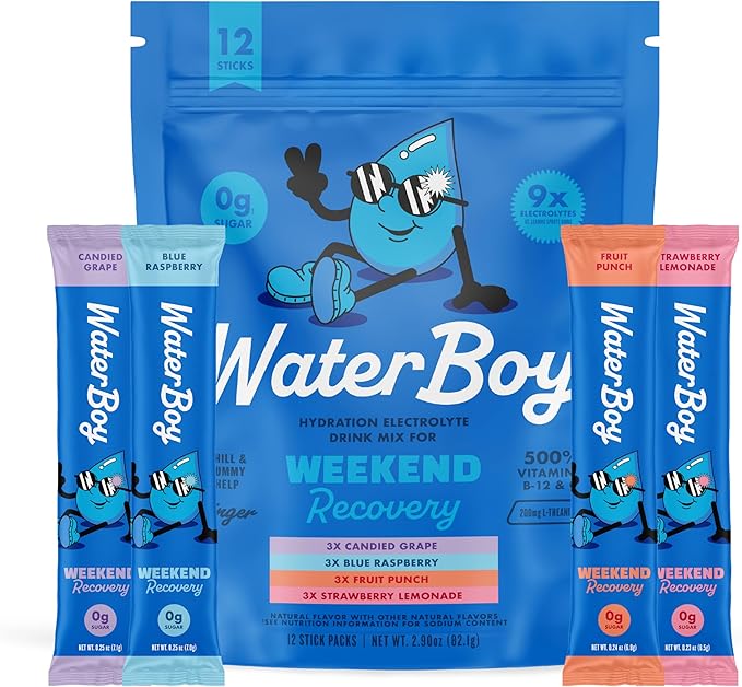 Waterboy Weekend Recovery Sample Pack | 3200mg Electrolyte Powder Packets | Ginger + L-Theanine + Vitamins | No Sugar All Natural Gluten Free | 12 Drink Stick Mixes (Sample Pack)