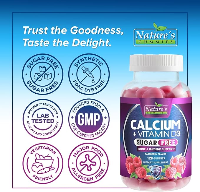 Calcium Supplement Gummies - Sugar Free Calcium Gummy with Vitamin D3 for Best Absorption - Supports Immune Health Bones &amp Teeth - Nature's Calcium Chews for Women &amp Men - Berry Flavor - 120