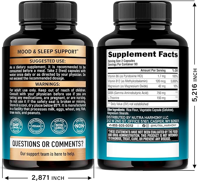 GABA L-Theanine 900 mg - Made in USA - Magnesium | Vitamin B6 - Calm Sleep Relaxation &amp Mood Support - 750 mg Gamma AminoButyric Acid 150 mg L-Theanine - Non-Habit Forming Vegan - 180 Capsules