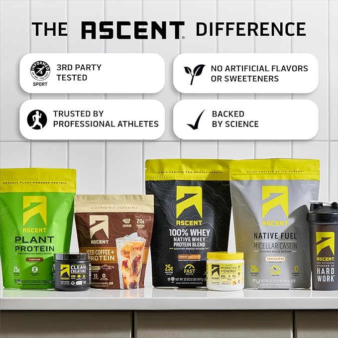 Ascent 100% Whey Protein Powder - Post Workout Whey Protein Isolate Zero Artificial Flavors &amp Sweeteners Gluten Free 5.5g BCAA 2.6g Leucine Military Exclusive Mint Chocolate Chip 1.7 lb