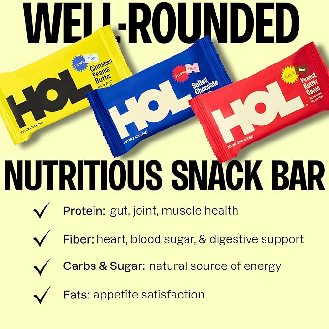 HOL Bone Broth Protein Bars - Cinnamon Peanut Butter - 20g Whole-Food Protein - Natural Energy Snack Made with Real Ingredients - Gluten-Free No Artificial Additives - Great On-the-Go Fuel - 12 Pack