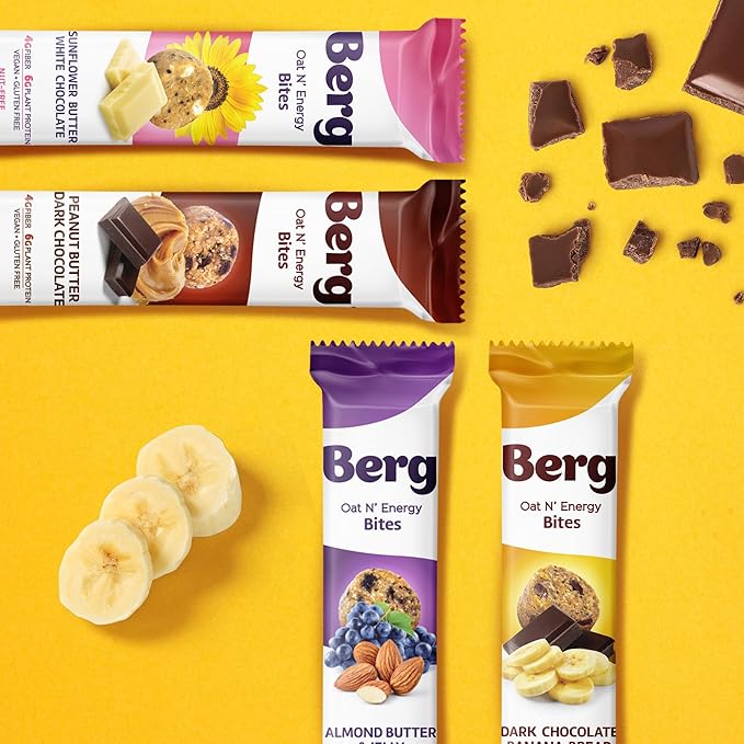 Berg Bites Plant-Based Almond Butter &amp Jelly Bites Vegan Gluten-Free 6g Protein 5g Fiber Energy Snack Box - Clean Energy Healthy Snack Bar - 1.5oz (8 Pack)