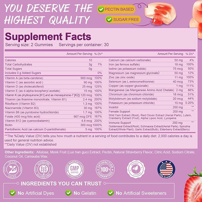 Multivitamin Filled Gummies for Women - Strawberry Flavor &amp Vitamin B2 Gummies - Natural Flavor