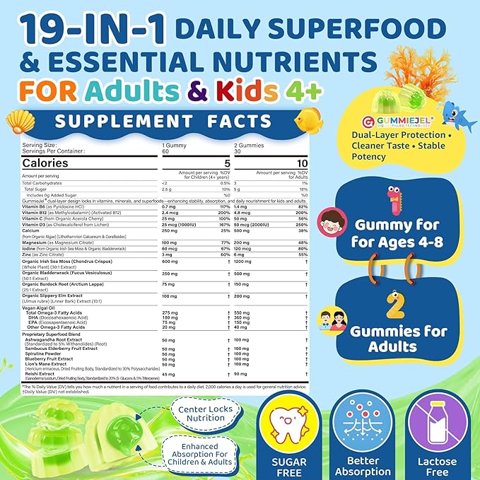 Sea Moss + Elderberry Gummies for Kids &amp Adults 19-IN-1 Super Food with Spirulina Algae Omega 3 Algae Calcium Ashwagandha Mushroom Vitamins D3 C for Immune Gut Bone Energy BrainVegan 6