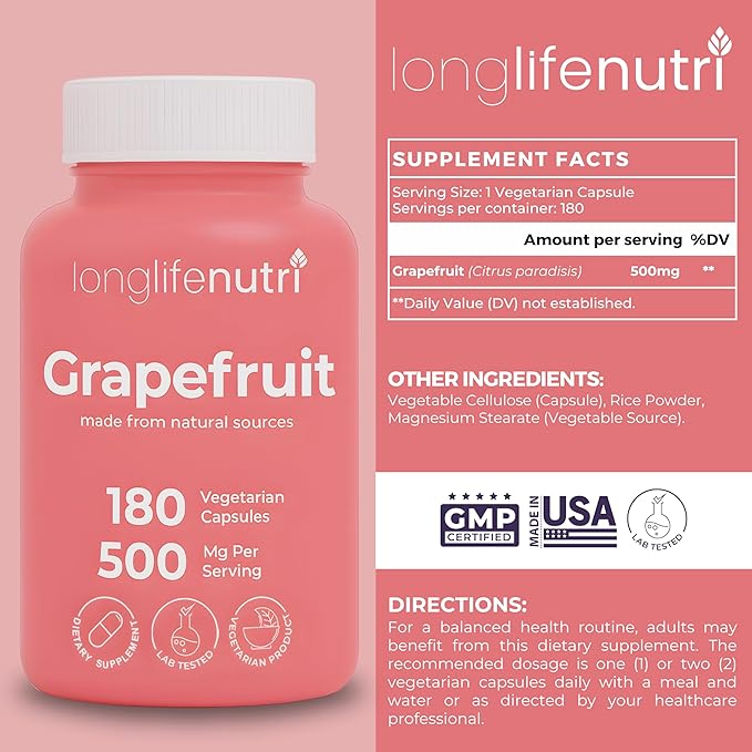 Grapefruit Seed Extract 500mg - Derived from Citrus Paradisis 180 Vegetarian Capsules Organic Naringin Supplement for Daily Energy &amp Balance 6-Month Supply GMP Certified Made in USA