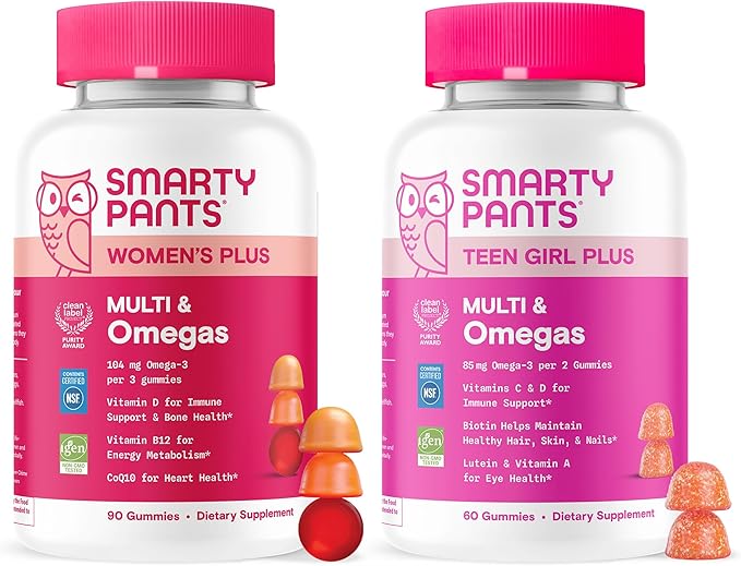SmartyPants Mother &amp Daughter Daily Nutrition Bundle: Women’s + Teen Girl Multivitamin Gummies with Omega-3 Biotin Vitamins D3 B12 A &amp Zinc Gluten Free Non-GMO 90 &amp 60 Count (Pack of