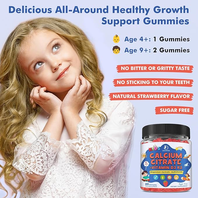 Kids Calcium Citrate Gummies with Vitamin D3 Supplement Calcium Citrate 300/600 mg with Magnesium Zinc &amp Multivitamin for Kids 4+ Support Bone Muscle &amp Digestive Health Sugar Free Strawberr
