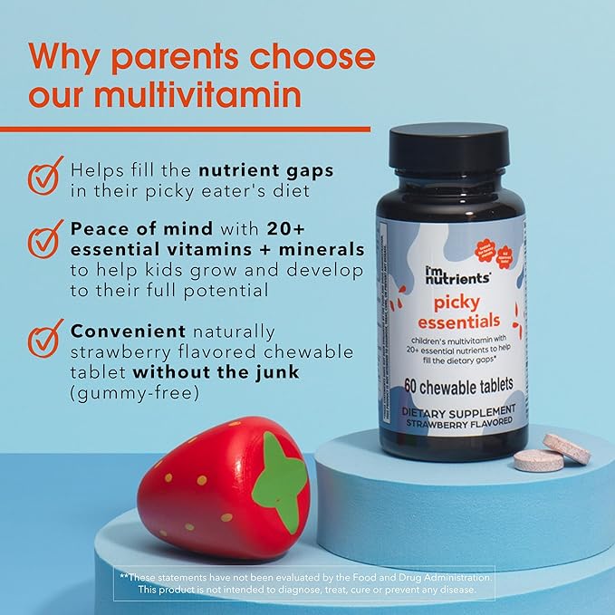 Picky Essentials Kids Multivitamin with Iron + Zinc | 20+ Essential Nutrients | Ages 2+ | Naturally Strawberry Flavored | Vitamins and Minerals A C D3 Bs | No Added Sugar | 60 Chewable Tablets