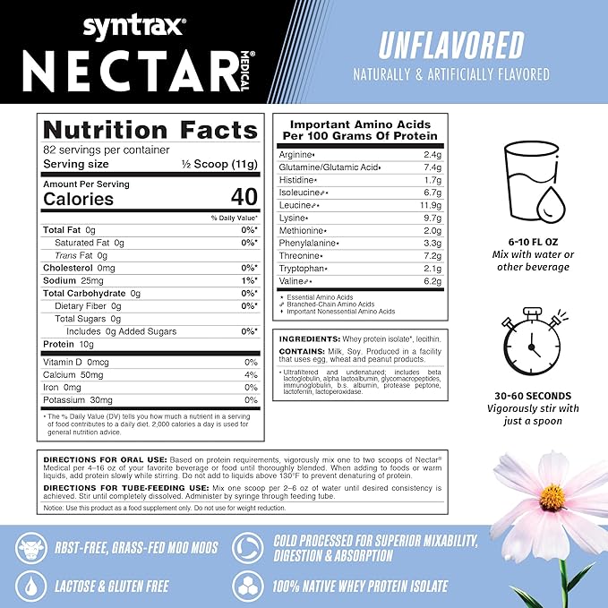 Syntrax Nutrition Nectar Medical All Natural Whey Protein Isolate Unflavored 2 lbs. (2 Pound Unflavored)