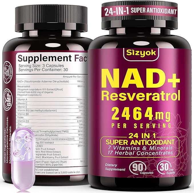 NAD Supplement 1100mg + Resveratrol 600mg – Advanced Liposomal NAD+ Capsules with Pterostilbene &amp Quercetin