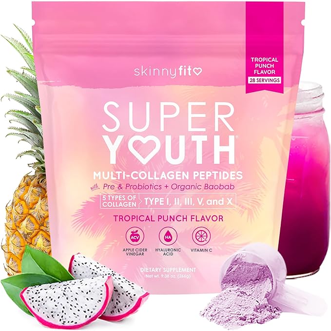 SkinnyFit - Super Youth Collagen for Women - Multi Collagen Peptides Powder - Probiotics Fiber Hyaluronic Acid - Non GMO Gluten Free Sugar Free - Beauty &amp Self Care - Tropical Punch (28 Servin